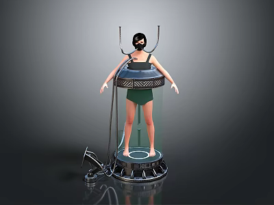 Transparent Cylindrical Device Enclosing Person With Black Mask And Metal Base 3d model