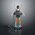 Transparent Cylindrical Device Enclosing Person With Black Mask And Metal Base