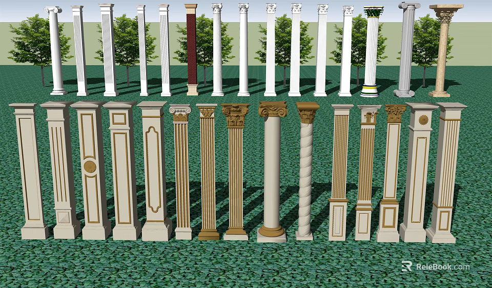Different Designs Of Roman Columns In Outdoor Area With Trees 3d model 