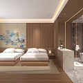 Modern Hotel Guest Room Interior With Wooden TV Wall Warm Lighting And Green Plant