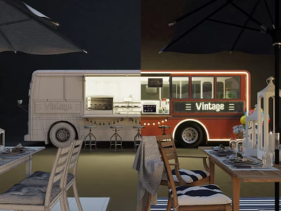 Vintage Food Truck Restaurant With Outdoor Seating Tables Chairs And Umbrella 3d model