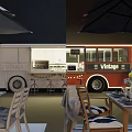 Vintage Food Truck Restaurant With Outdoor Seating Tables Chairs And Umbrella