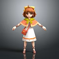 3D Girl Character With Brown Hair Yellow Bow And Orange Cape Standing With Little Rabbit