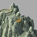 Garden Landscape With Rocky Mountain Structure Stone Steps And Circular Golden Platforms