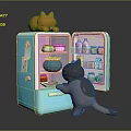 Blue refrigerator open door with items inside orange cat on top gray cat in front