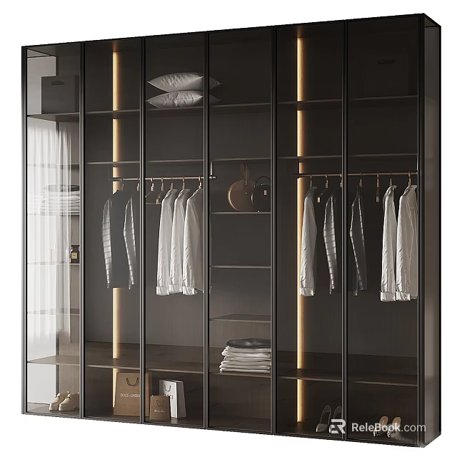 Sleek Modern Glass Door Wardrobe Interior With Hanging Shirts Folded Clothes And LED Lighting 3d model 