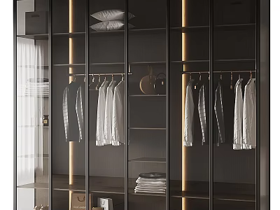 Sleek Modern Glass Door Wardrobe Interior With Hanging Shirts Folded Clothes And LED Lighting 3d model