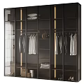 Sleek Modern Glass Door Wardrobe Interior With Hanging Shirts Folded Clothes And LED Lighting
