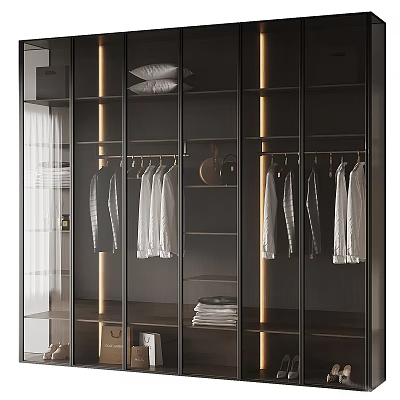 Sleek Modern Glass Door Wardrobe Interior With Hanging Shirts Folded Clothes And LED Lighting 3d model