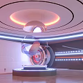 Modern Exhibition Hall With Circular Ceiling Orange Blue Lighting Floating Transparent Sphere And Illuminated Platform