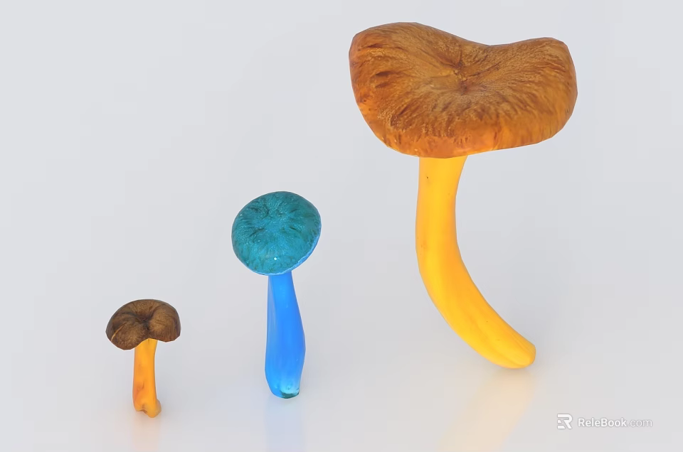 Colorful Brown Blue And Yellow Mushroom Decorative Ornament Set With Small And Large Sizes 3d model 