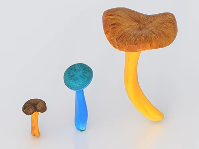 Colorful Brown Blue And Yellow Mushroom Decorative Ornament Set With Small And Large Sizes 3d model