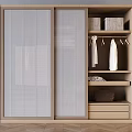 Wooden Wardrobe With Sliding Vertical Striped Doors Hanging Rod Storage Boxes And Drawers