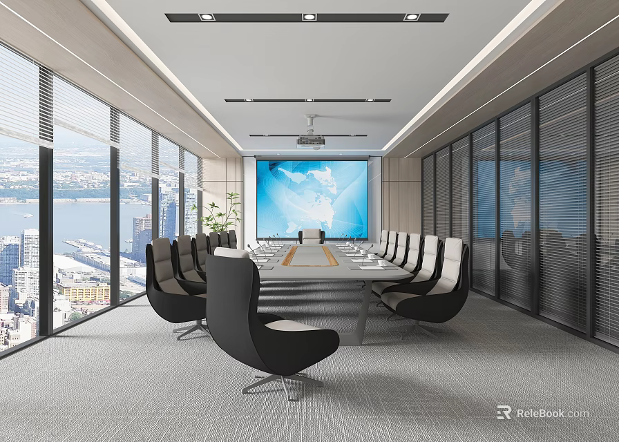 Modern Conference Room with Large Windows City View Long Table Black Chairs and World Map Screen 3d model 