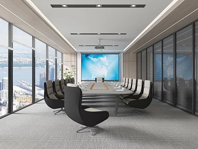 Modern Conference Room with Large Windows City View Long Table Black Chairs and World Map Screen 3d model