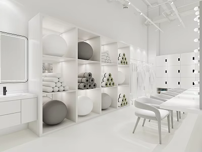 Public Office Space With Modern White Interior Open Shelves Spherical Objects And White Tables 3d model