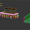Wooden Bar Stools Arranged Around Bar Counter With Shelves And Staircase