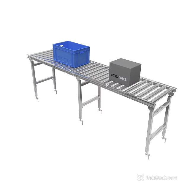 Industrial Roller Conveyor Equipment For Material Handling With Blue Box And Gray Container 3d model 