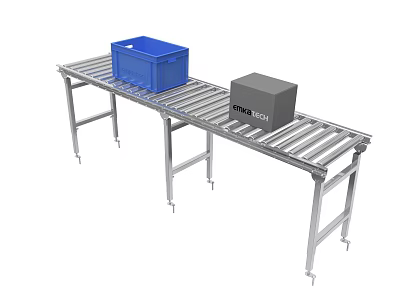 Industrial Roller Conveyor Equipment For Material Handling With Blue Box And Gray Container 3d model