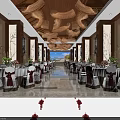 Banquet Hall With Elegant Ceiling Decor Wooden Walls White Tablecloths Red Accents And Ocean View
