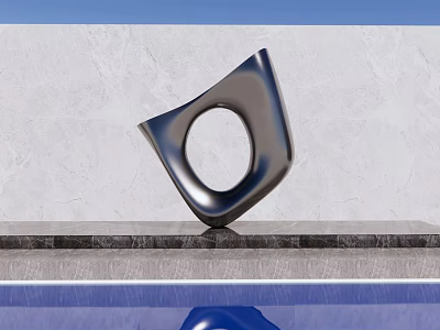 Sleek Modern Circular Landscape Sculpture In Metallic Finish By Pool With Blue Sky Backdrop 3d model