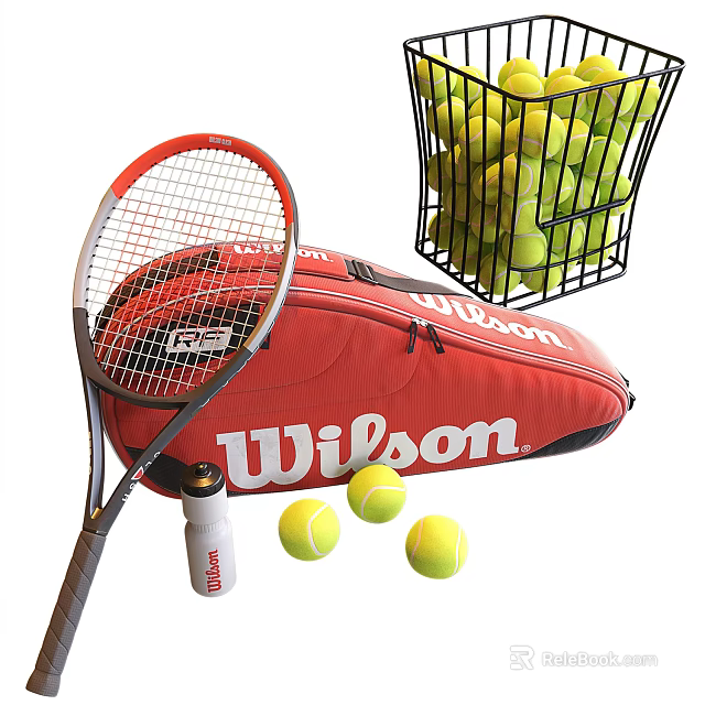 Tennis Equipment With Racket Bag Balls Water Bottle And Basket 3d model 