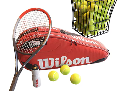 Tennis Equipment With Racket Bag Balls Water Bottle And Basket 3d model