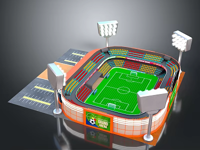 Modern Football Stadium with Green Pitch Orange Stands and Floodlights 3d model