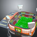 Modern Football Stadium with Green Pitch Orange Stands and Floodlights