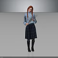 Red Haired Girl In Blue Sweater And Plaid Skirt Holding Flower Bouquet Against Gray Background