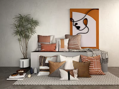 Warm Tones Throw Pillows With Geometric Striped Patterns In Living Room Decor 3d model