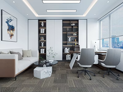 Modern Office Interior Design With Sofa Desk Chairs Bookshelves And City View 3d model