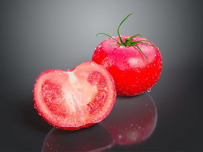 Fresh Ripe Tomato Whole And Sliced With Water Droplets On Dark Background 3d model
