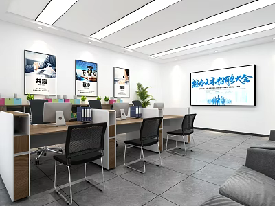 Modern Public Office Space With Open Workstations Computers Potted Plants And Wall Posters 3d model