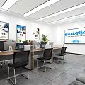 Modern Public Office Space With Open Workstations Computers Potted Plants And Wall Posters 3d model
