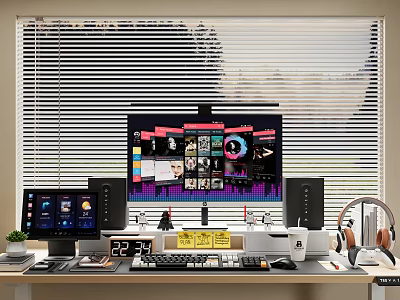 Modern Computer Workstation Setup With Main Monitor Speakers Headphones And Peripherals 3d model