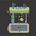 Colorful Food Stall with Yellow Blue Design Transparent Canopy and Food Sign Decorative Elements