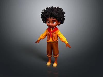 3D Model of Man with Curly Hair Wearing Yellow Shirt Brown Pants and Red Scarf 3d model