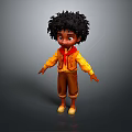 3D Model of Man with Curly Hair Wearing Yellow Shirt Brown Pants and Red Scarf