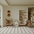 Modern Living and Dining Room Interior With Curved Wooden Cabinets Pendant Light and Dining Table