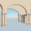 Beige Arched Entrance Gate With Columns Canopy Roof And Guard Houses