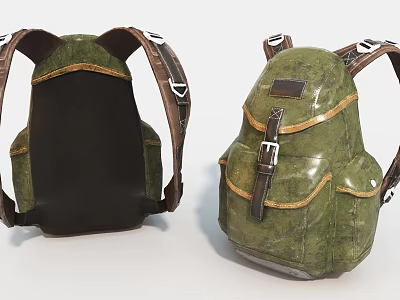 Green Backpack With Brown Straps Multiple Pockets And Leather Accents Front And Back Views 3d model