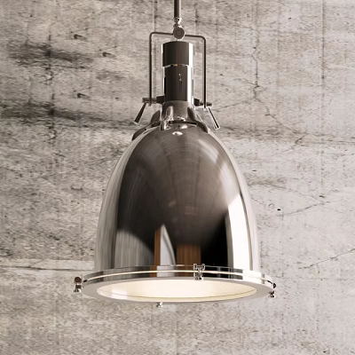 Modern Dome Shaped Pendant Light with Shiny Stainless Steel Finish Against Rough Gray Wall 3d model