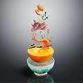 Artistic Food Display With Orange Bowl White Patterned Base Floating Egg Shrimp Mushrooms Green Leaves