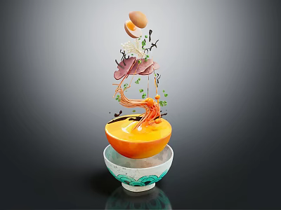 Artistic Food Display With Orange Bowl White Patterned Base Floating Egg Shrimp Mushrooms Green Leaves 3d model