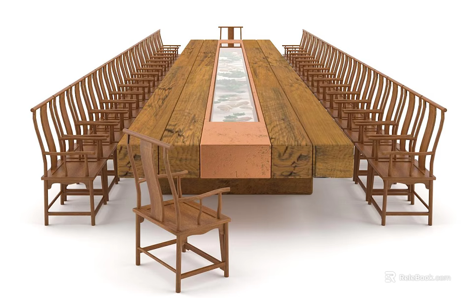 Rustic Wooden Conference Table With Glass Center And Surrounding Wooden Chairs 3d model 