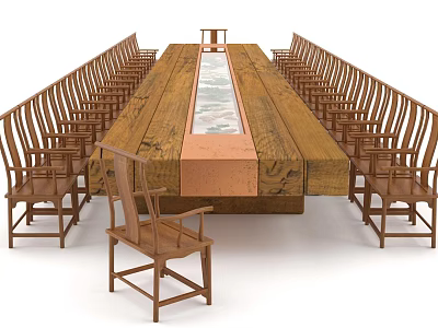 Rustic Wooden Conference Table With Glass Center And Surrounding Wooden Chairs 3d model