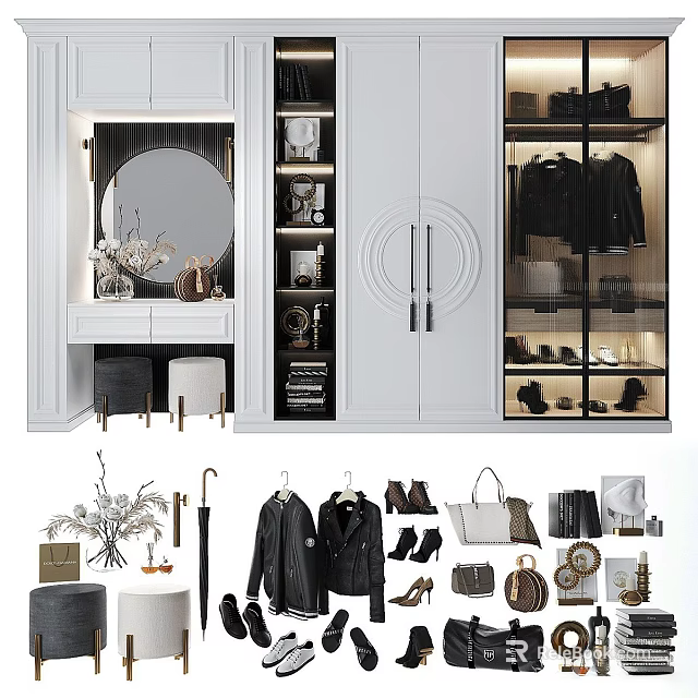 Modern White Wardrobe Interior With Hanging Clothes Shoes Bags And Decorative Mirror 3d model 