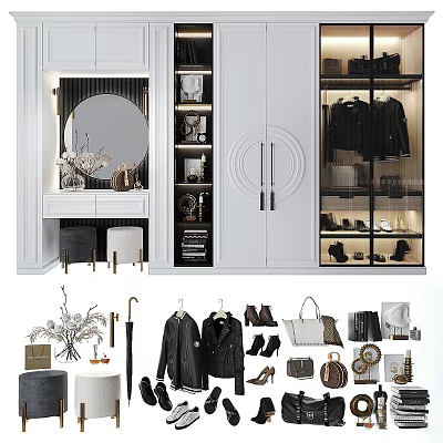 Modern White Wardrobe Interior With Hanging Clothes Shoes Bags And Decorative Mirror 3d model