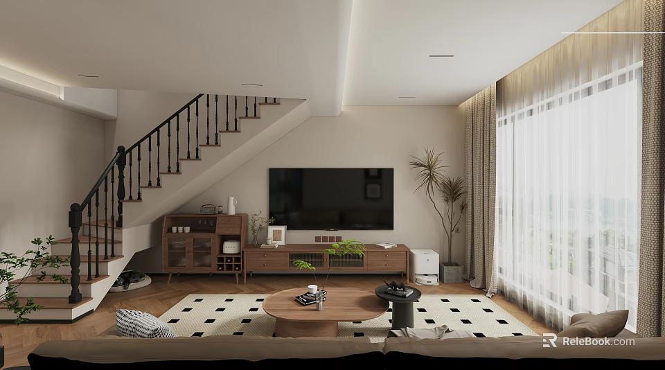 Cozy Modern Living And Dining Room With Natural Wood Furniture And Large Window Sheer Curtains 3d model 
